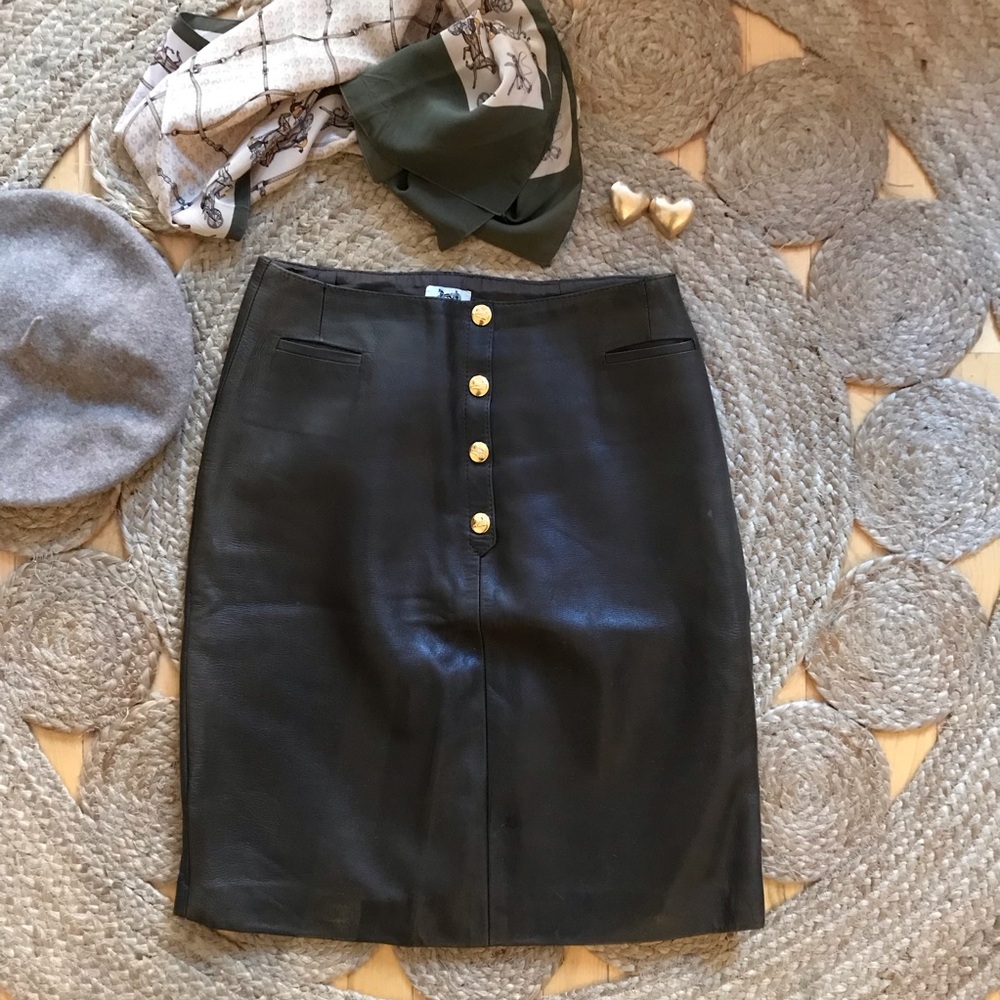 Celine Brown Leather Pencil Skirt with Gold Buttons
